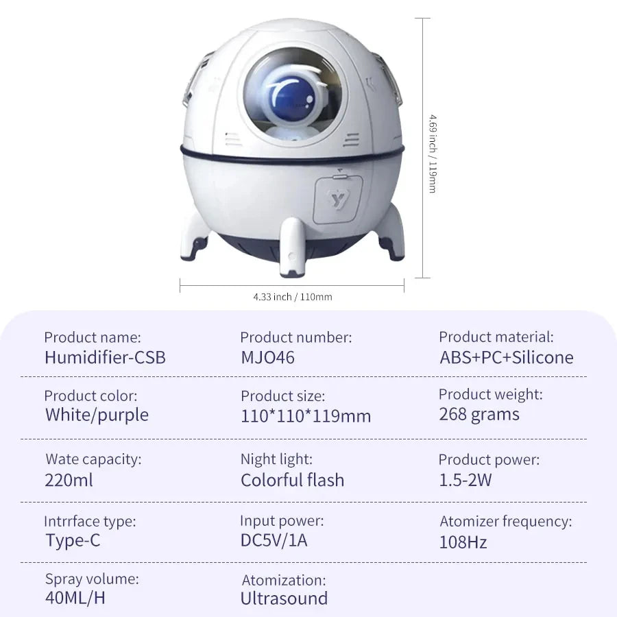 Umidificador de Ar Recarregável USB, Cápsula Espacial, 7 Cores, Luz Atmosfera, 220ml